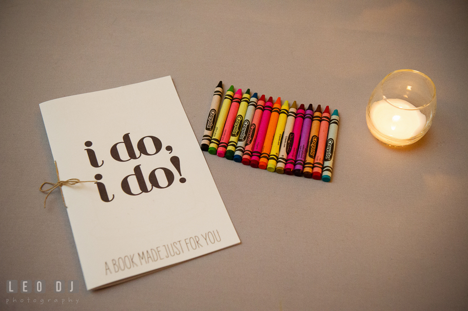 Books and colorful crayons for the guests to fill out. Kent Island Maryland Chesapeake Bay Beach Club wedding photo, by wedding photographers of Leo Dj Photography. http://leodjphoto.com