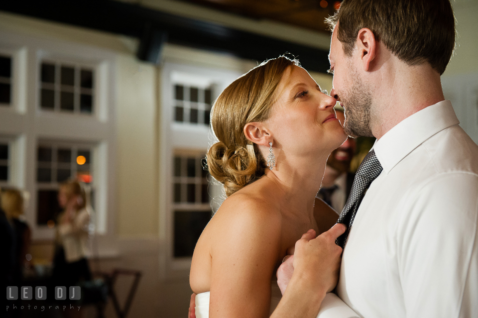 Bride and Groom cuddling during the open dance floor. Kent Island Maryland Chesapeake Bay Beach Club wedding photo, by wedding photographers of Leo Dj Photography. http://leodjphoto.com