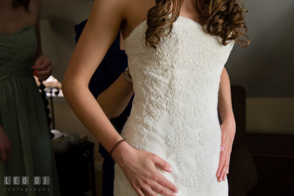 Details of Bride's wedding gown from Bridals by Elena. Historic Inns of Annapolis Maryland, Governor Calvert House wedding, by wedding photographers of Leo Dj Photography. http://leodjphoto.com