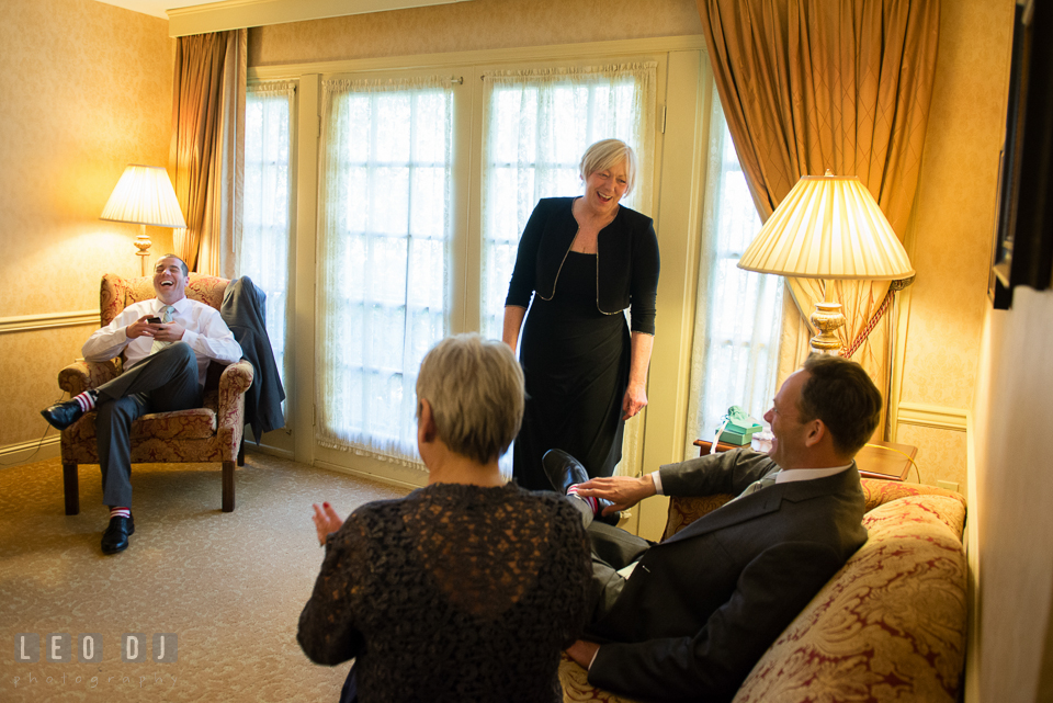 Mother of Bride, Grandmother, Best Man and friend laughing together during getting ready. Historic Inns of Annapolis Maryland, Governor Calvert House wedding, by wedding photographers of Leo Dj Photography. http://leodjphoto.com