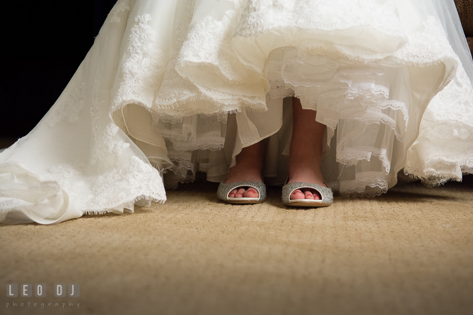 Close up shot of Bride wearing her wedding shoes. Historic Inns of Annapolis Maryland, Governor Calvert House wedding, by wedding photographers of Leo Dj Photography. http://leodjphoto.com