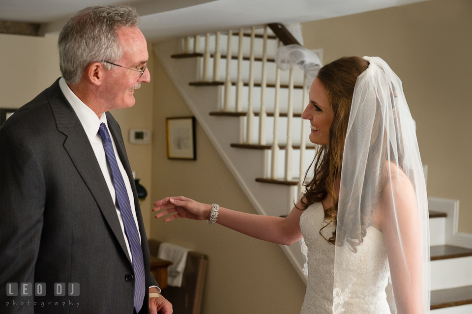 Father of the Bride seeing daughter for the first time in her wedding gown. Historic Inns of Annapolis Maryland, Governor Calvert House wedding, by wedding photographers of Leo Dj Photography. http://leodjphoto.com