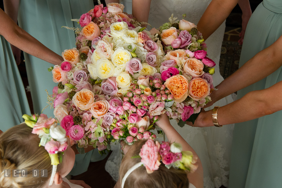 Flower bouquets from the Bride, Maid of Honor, Bridesmaids, and flower girls. Historic Inns of Annapolis Maryland, Governor Calvert House wedding, by wedding photographers of Leo Dj Photography. http://leodjphoto.com