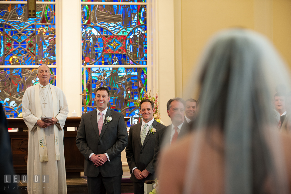 Groom emotional seeing Bride for the first time at Calvary United Methodist Church. Historic Inns of Annapolis Maryland, Governor Calvert House wedding, by wedding photographers of Leo Dj Photography. http://leodjphoto.com