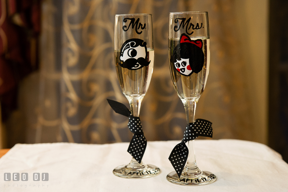 Custom painted champagne glasses with Natty Boh and Utz Girl. Historic Inns of Annapolis Maryland, Governor Calvert House wedding, by wedding photographers of Leo Dj Photography. http://leodjphoto.com