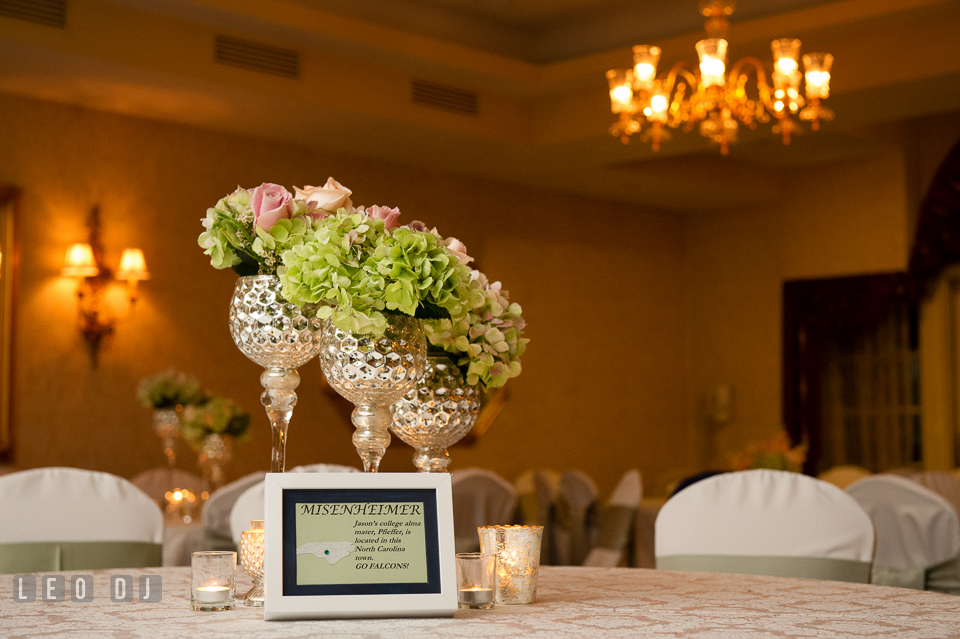 Close up shot of the table centerpieces. Historic Inns of Annapolis Maryland, Governor Calvert House wedding, by wedding photographers of Leo Dj Photography. http://leodjphoto.com