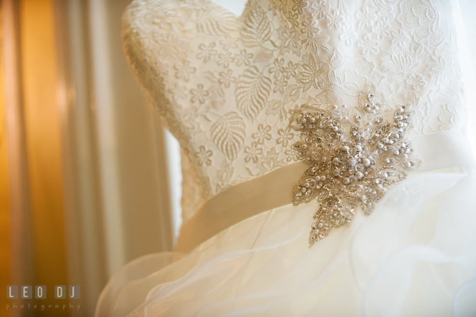 Exquisite details of the wedding dress by Allure from Betsy Robinson's Bridal. Kent Manor Inn, Kent Island, Eastern Shore Maryland, wedding ceremony and getting ready photos, by wedding photographers of Leo Dj Photography. http://leodjphoto.com