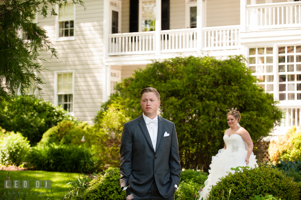 Bride walking toward Groom during first reveal. Kent Manor Inn, Kent Island, Eastern Shore Maryland, wedding ceremony and getting ready photos, by wedding photographers of Leo Dj Photography. http://leodjphoto.com