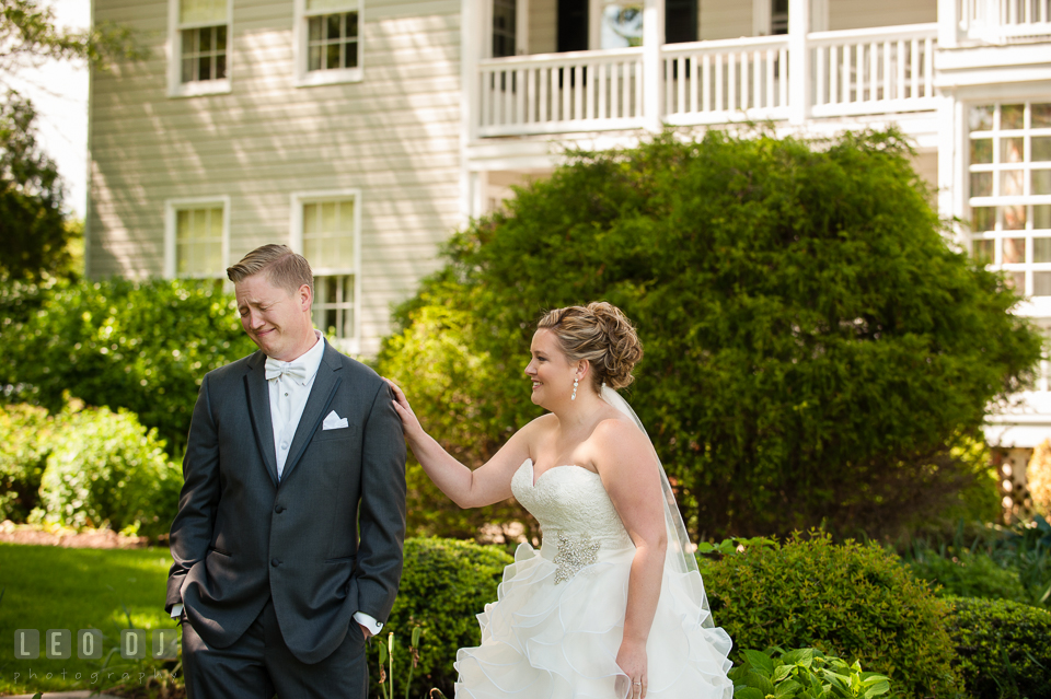 Groom emotional seeing Bride for the first time in her wedding dress during first glance. Kent Manor Inn, Kent Island, Eastern Shore Maryland, wedding ceremony and getting ready photos, by wedding photographers of Leo Dj Photography. http://leodjphoto.com