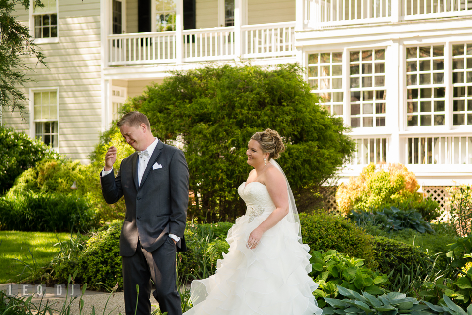 Groom crying seeing Bride during first look. Kent Manor Inn, Kent Island, Eastern Shore Maryland, wedding ceremony and getting ready photos, by wedding photographers of Leo Dj Photography. http://leodjphoto.com