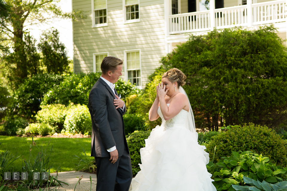 Both bride and groom shed a tear seeing each other for the first time before the ceremony. Kent Manor Inn, Kent Island, Eastern Shore Maryland, wedding ceremony and getting ready photos, by wedding photographers of Leo Dj Photography. http://leodjphoto.com