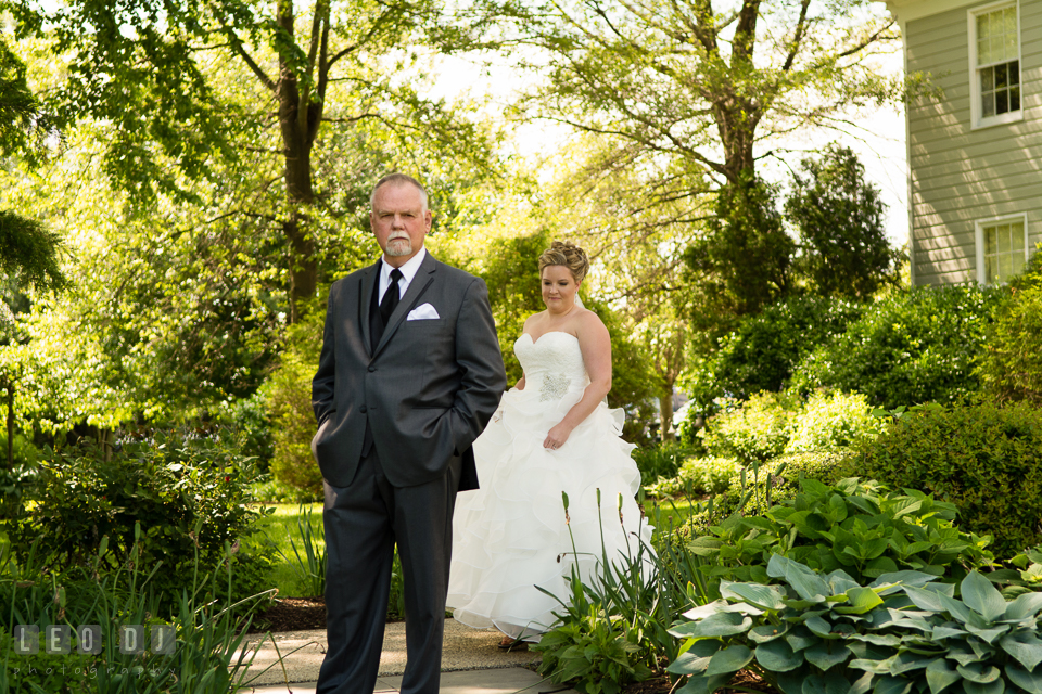 Bride walking toward Father of the Bride during first reveal. Kent Manor Inn, Kent Island, Eastern Shore Maryland, wedding ceremony and getting ready photos, by wedding photographers of Leo Dj Photography. http://leodjphoto.com