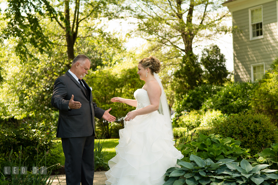 Emotional moment of Father of the Bride seeing daughter for the first time in wedding dress. Kent Manor Inn, Kent Island, Eastern Shore Maryland, wedding ceremony and getting ready photos, by wedding photographers of Leo Dj Photography. http://leodjphoto.com