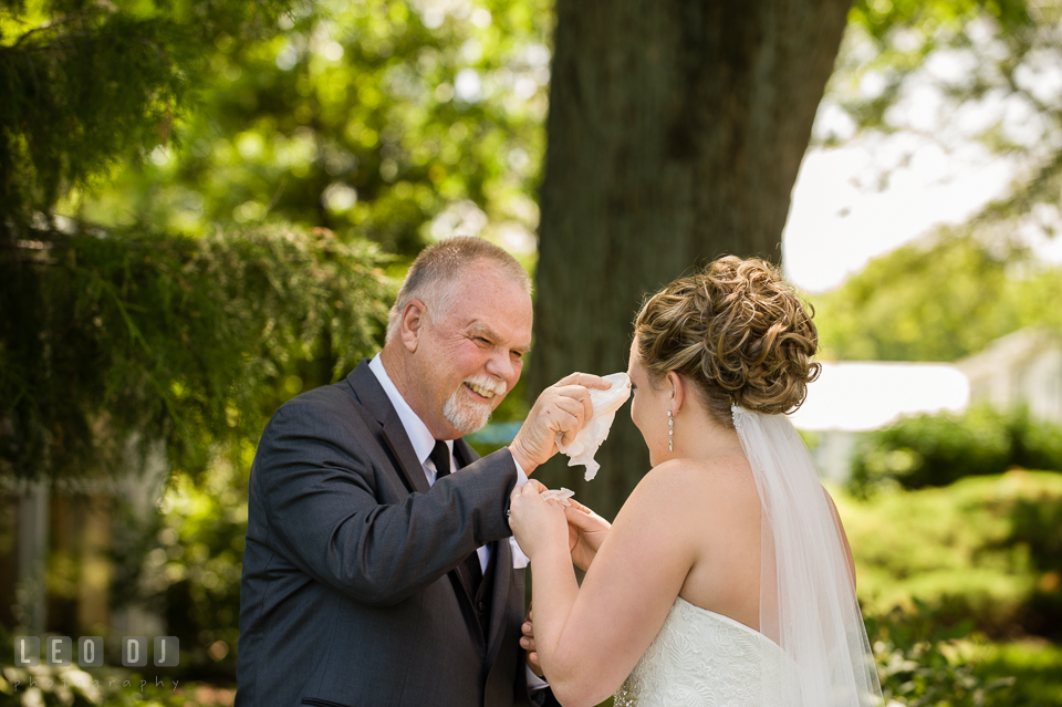 Father smiling and wiping of tears from Bride during first look. Kent Manor Inn, Kent Island, Eastern Shore Maryland, wedding ceremony and getting ready photos, by wedding photographers of Leo Dj Photography. http://leodjphoto.com