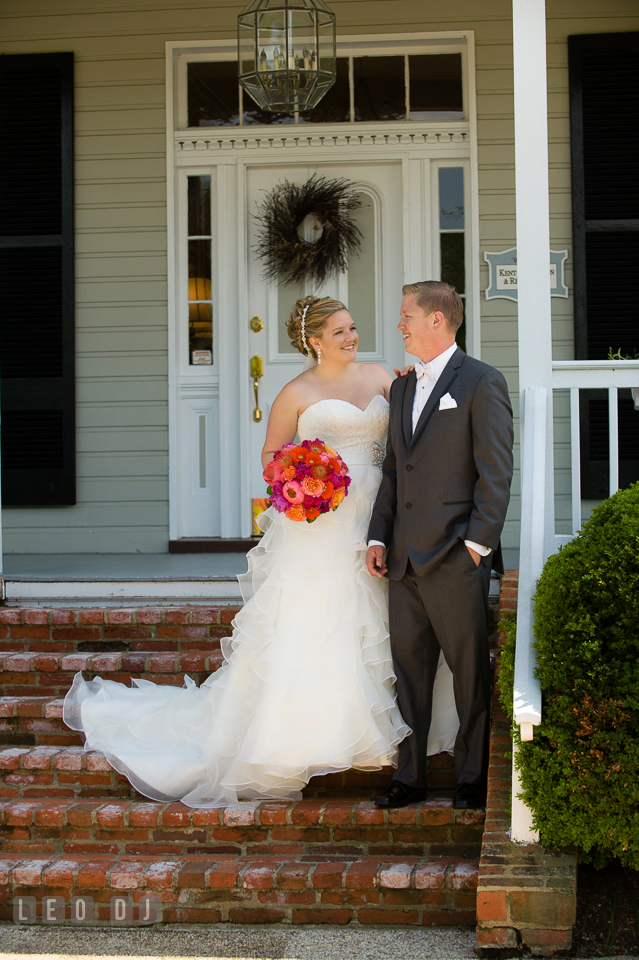 Bride and Groom smiling together on front steps of venue. Kent Manor Inn, Kent Island, Eastern Shore Maryland, wedding ceremony and getting ready photos, by wedding photographers of Leo Dj Photography. http://leodjphoto.com