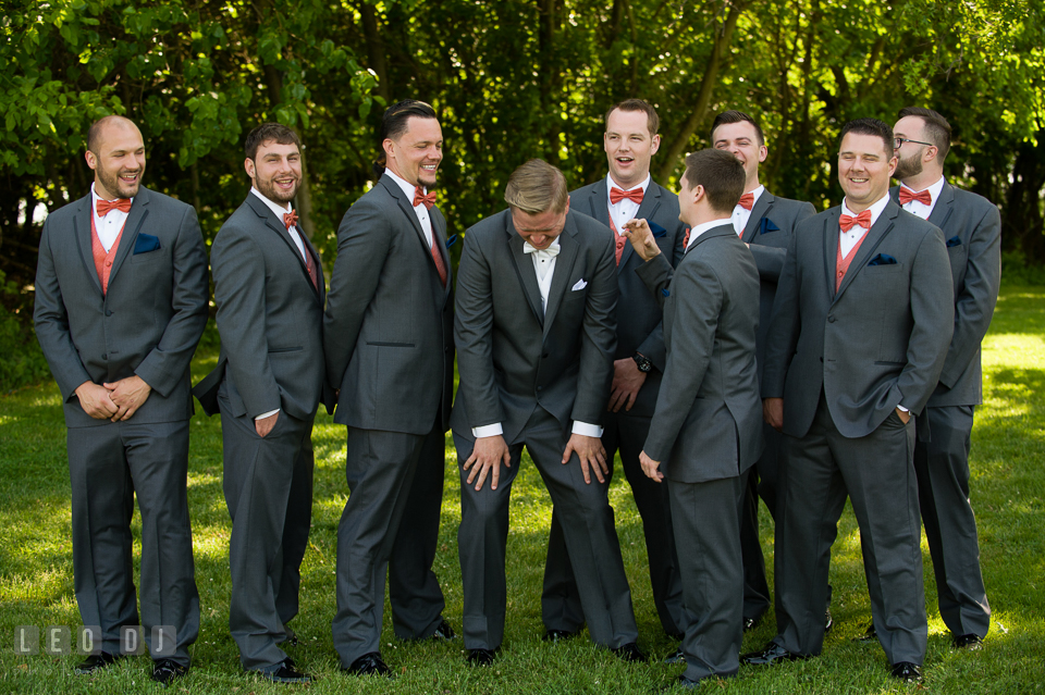 Groom laughed together with the Best Man and Groomsmen. Kent Manor Inn, Kent Island, Eastern Shore Maryland, wedding ceremony and getting ready photos, by wedding photographers of Leo Dj Photography. http://leodjphoto.com