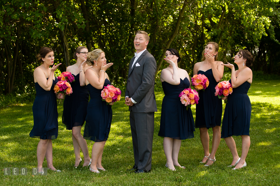 Groom posing together with the Bridal party. Kent Manor Inn, Kent Island, Eastern Shore Maryland, wedding ceremony and getting ready photos, by wedding photographers of Leo Dj Photography. http://leodjphoto.com