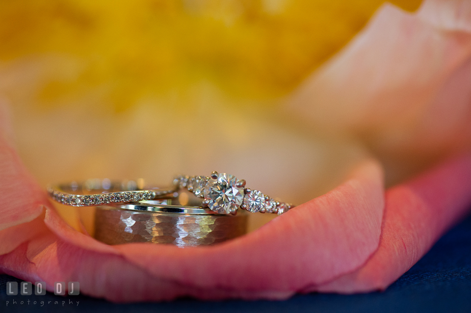 Close up shot of Bride and Groom's gorgeous engagement ring and wedding bands. Kent Manor Inn, Kent Island, Eastern Shore Maryland, wedding ceremony and getting ready photos, by wedding photographers of Leo Dj Photography. http://leodjphoto.com