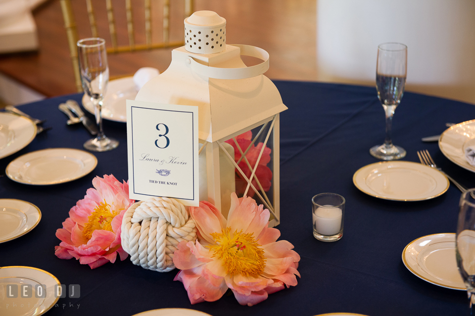 Floral arrangements, candles and lantern with traces of nautical themes for table centerpiece. Kent Manor Inn, Kent Island, Eastern Shore Maryland, wedding reception and ceremony photo, by wedding photographers of Leo Dj Photography. http://leodjphoto.com