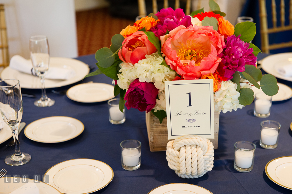 Large purple and pink peonies floral arrangement with nautical rope knot for table centerpiece. Kent Manor Inn, Kent Island, Eastern Shore Maryland, wedding reception and ceremony photo, by wedding photographers of Leo Dj Photography. http://leodjphoto.com