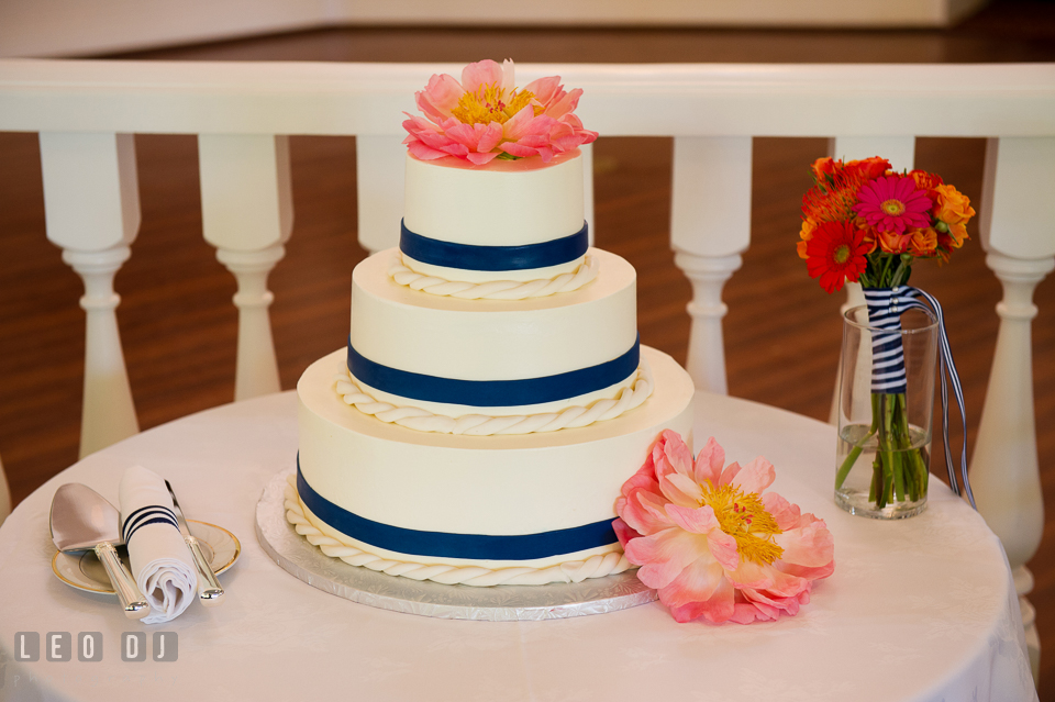 Peonies on 3-tier wedding cake, made by Sugar Bakers. Kent Manor Inn, Kent Island, Eastern Shore Maryland, wedding reception and ceremony photo, by wedding photographers of Leo Dj Photography. http://leodjphoto.com