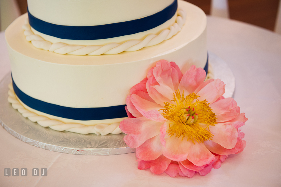 Close up detail shot of peonies flower decor of the wedding cake by Sugar Bakers. Kent Manor Inn, Kent Island, Eastern Shore Maryland, wedding reception and ceremony photo, by wedding photographers of Leo Dj Photography. http://leodjphoto.com