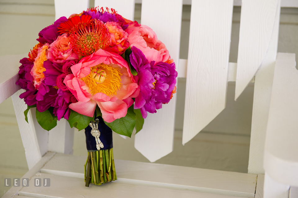 Bride's beautiful flower bouquet with Grandmother's brooch, was designed by Intrigue Design and Decor. Kent Manor Inn, Kent Island, Eastern Shore Maryland, wedding ceremony and getting ready photos, by wedding photographers of Leo Dj Photography. http://leodjphoto.com