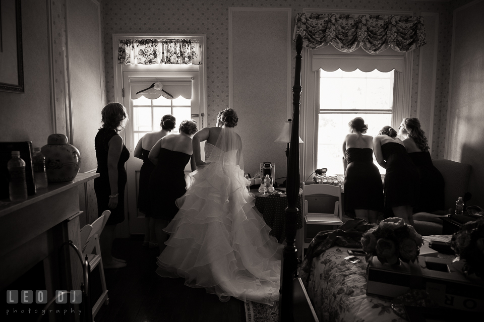 Bride, Mother, Maid and Matron of Honor, and Bridesmaids watching the guests arrive. Kent Manor Inn, Kent Island, Eastern Shore Maryland, wedding ceremony and getting ready photos, by wedding photographers of Leo Dj Photography. http://leodjphoto.com