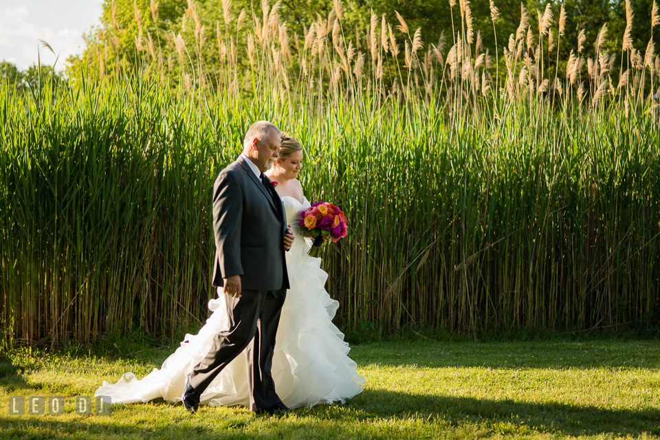 Father of the Bride and daughter walking toward the ceremony site. Kent Manor Inn, Kent Island, Eastern Shore Maryland, wedding ceremony and getting ready photos, by wedding photographers of Leo Dj Photography. http://leodjphoto.com