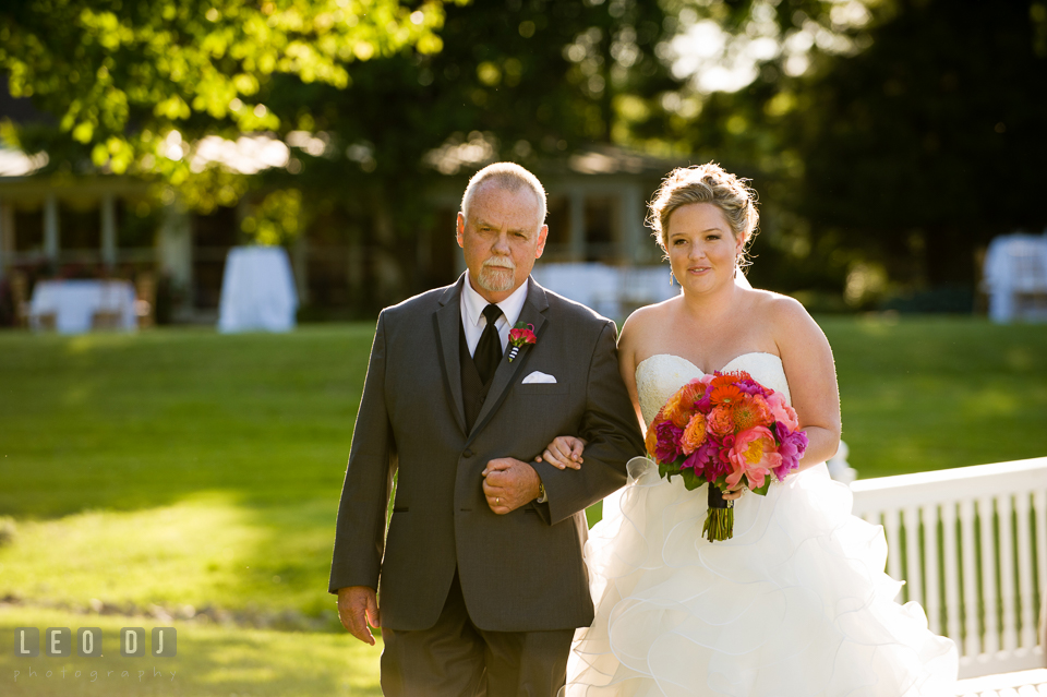 Father of the Bride escorting daugther walking down the aisle. Kent Manor Inn, Kent Island, Eastern Shore Maryland, wedding ceremony and getting ready photos, by wedding photographers of Leo Dj Photography. http://leodjphoto.com