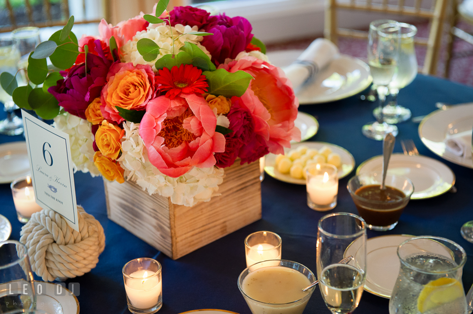 Wooden box of hydrangea, peonies, roses, gerberas for table centerpiece. Kent Manor Inn, Kent Island, Eastern Shore Maryland, wedding reception and ceremony photo, by wedding photographers of Leo Dj Photography. http://leodjphoto.com