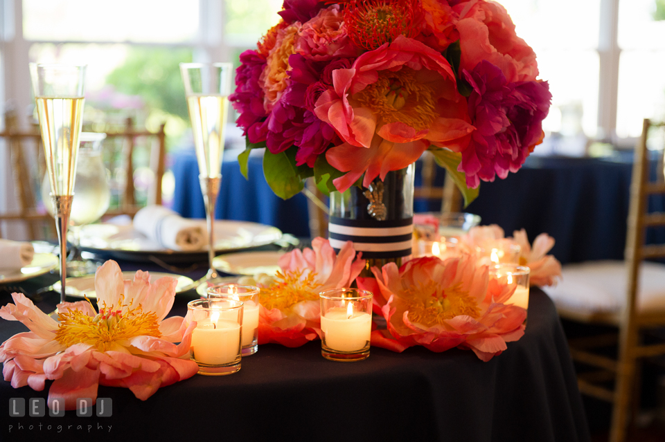 Peonies, candles, and Bride's flower bouquet on the sweetheart table. Kent Manor Inn, Kent Island, Eastern Shore Maryland, wedding reception and ceremony photo, by wedding photographers of Leo Dj Photography. http://leodjphoto.com