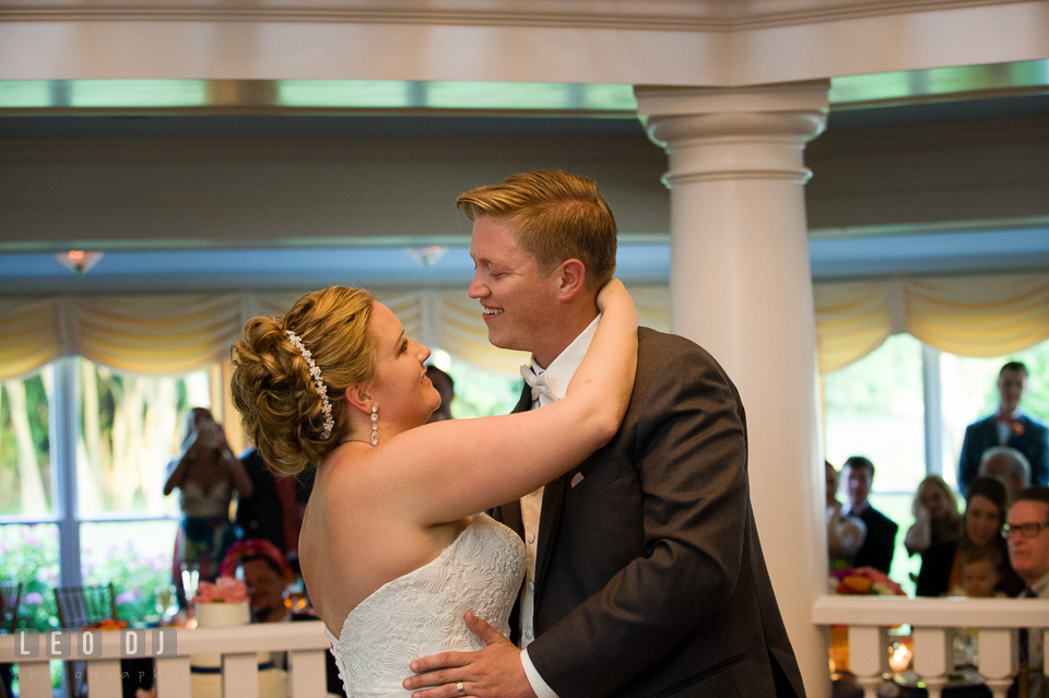 Bride and Groom smiling during first dance. Kent Manor Inn, Kent Island, Eastern Shore Maryland, wedding reception and ceremony photo, by wedding photographers of Leo Dj Photography. http://leodjphoto.com