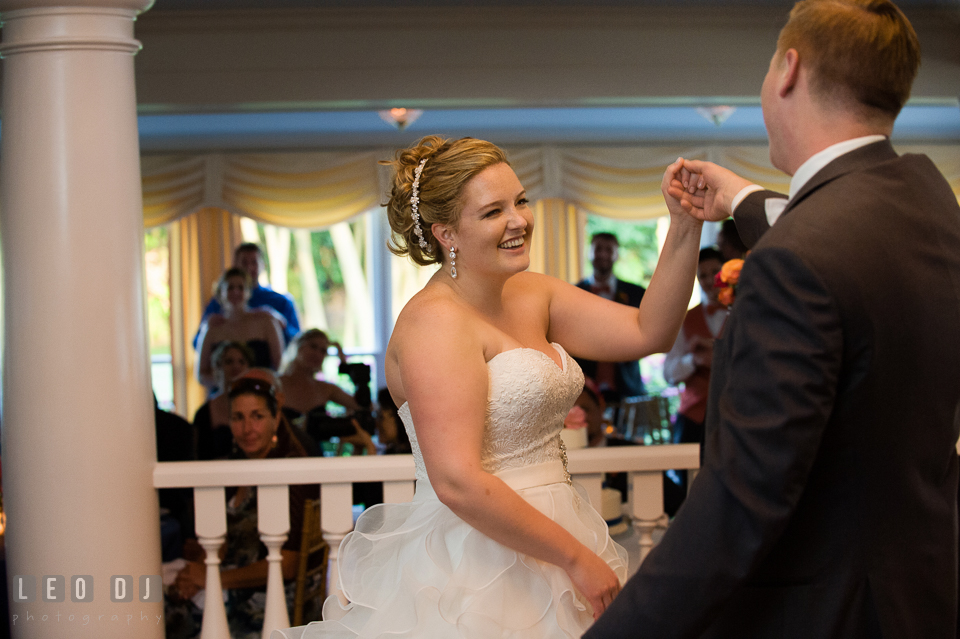 Groom twirling Bride during first dance. Kent Manor Inn, Kent Island, Eastern Shore Maryland, wedding reception and ceremony photo, by wedding photographers of Leo Dj Photography. http://leodjphoto.com