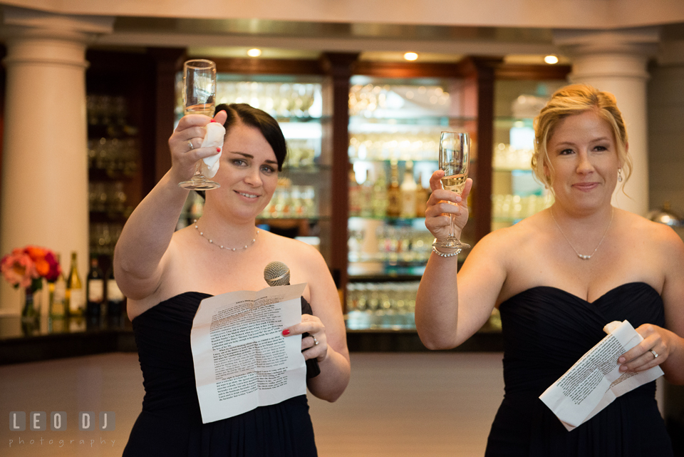 Two Matron of Honors raised their champagne glasses during the toast. Kent Manor Inn, Kent Island, Eastern Shore Maryland, wedding reception and ceremony photo, by wedding photographers of Leo Dj Photography. http://leodjphoto.com