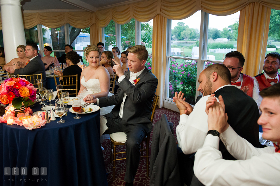 Guests clapping hands as Best Man delivered his speech. Kent Manor Inn, Kent Island, Eastern Shore Maryland, wedding reception and ceremony photo, by wedding photographers of Leo Dj Photography. http://leodjphoto.com