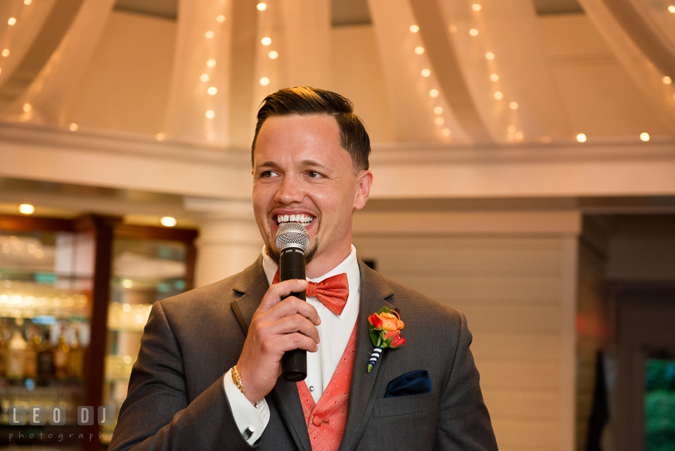 Groom delivering his toast speech. Kent Manor Inn, Kent Island, Eastern Shore Maryland, wedding reception and ceremony photo, by wedding photographers of Leo Dj Photography. http://leodjphoto.com