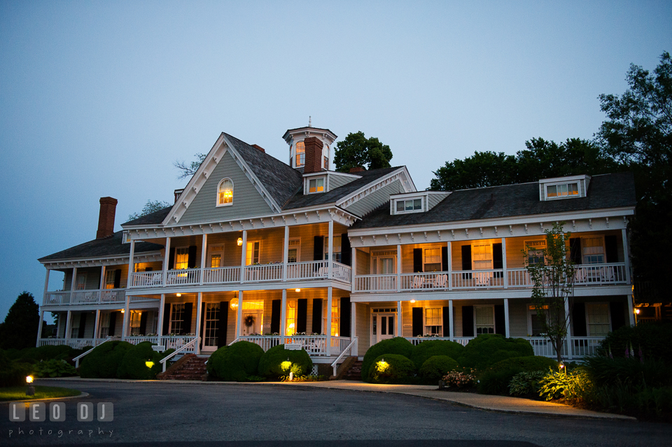 Evening view of the restaurant and venue. Kent Manor Inn, Kent Island, Eastern Shore Maryland, wedding reception and ceremony photo, by wedding photographers of Leo Dj Photography. http://leodjphoto.com