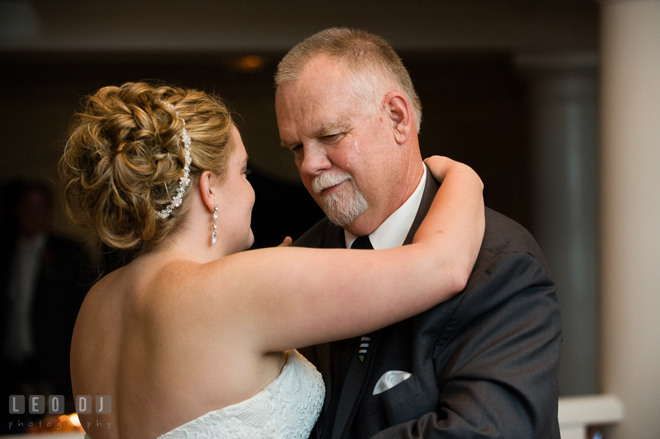 Tears roll down Father of the Bride's cheek during father-daughter dance. Kent Manor Inn, Kent Island, Eastern Shore Maryland, wedding reception and ceremony photo, by wedding photographers of Leo Dj Photography. http://leodjphoto.com