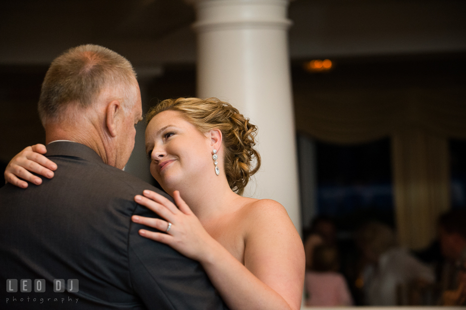 Bride gazing and adoring her father during father-daughter dance. Kent Manor Inn, Kent Island, Eastern Shore Maryland, wedding reception and ceremony photo, by wedding photographers of Leo Dj Photography. http://leodjphoto.com