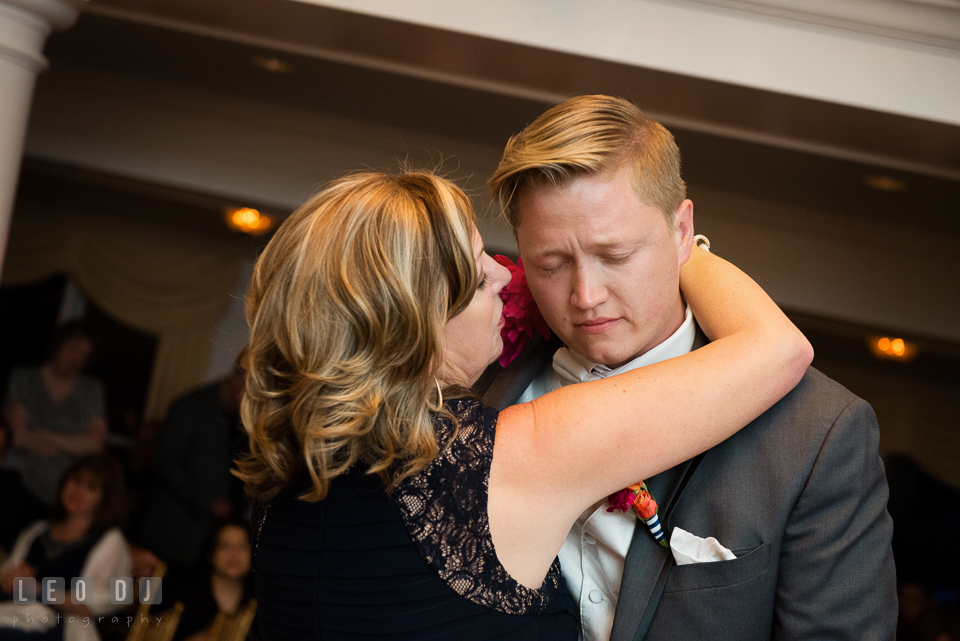 Touching moment when the Mother of the Bride dances with the Groom, representing his late mother. Kent Manor Inn, Kent Island, Eastern Shore Maryland, wedding reception and ceremony photo, by wedding photographers of Leo Dj Photography. http://leodjphoto.com