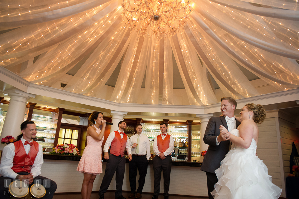 Bride and Groom dancing to live music performance by the Best Man and his fianceé. Kent Manor Inn, Kent Island, Eastern Shore Maryland, wedding reception and ceremony photo, by wedding photographers of Leo Dj Photography. http://leodjphoto.com