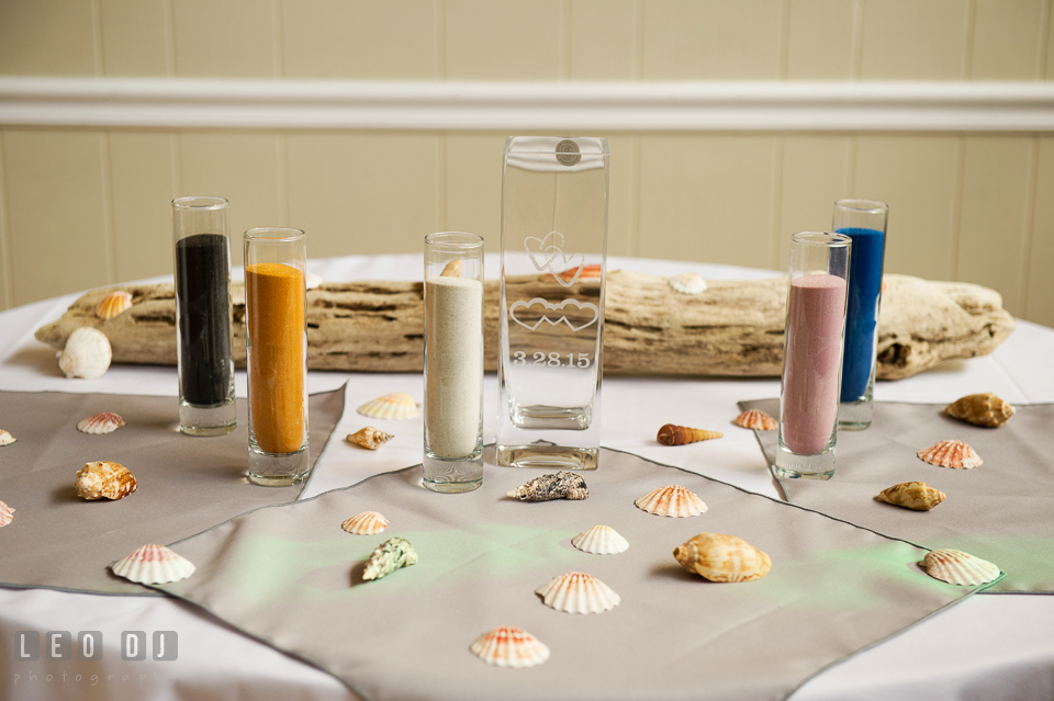 Colorful sands for unity sand. Maryland Yacht Club wedding at Pasadena Maryland, by wedding photographers of Leo Dj Photography. http://leodjphoto.com