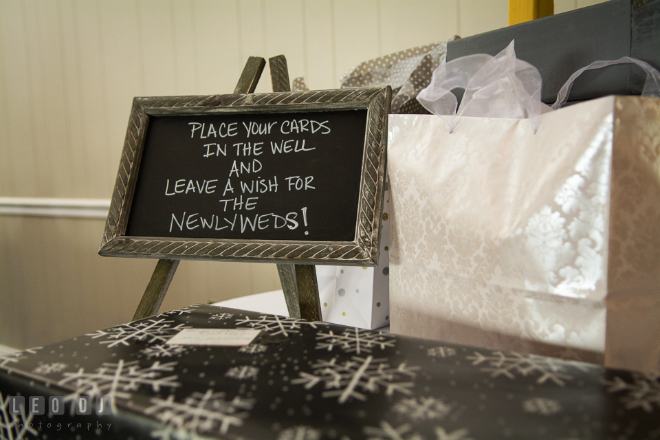 Sign for the guests to leave gifts or cards for the newlyweds. Maryland Yacht Club wedding at Pasadena Maryland, by wedding photographers of Leo Dj Photography. http://leodjphoto.com