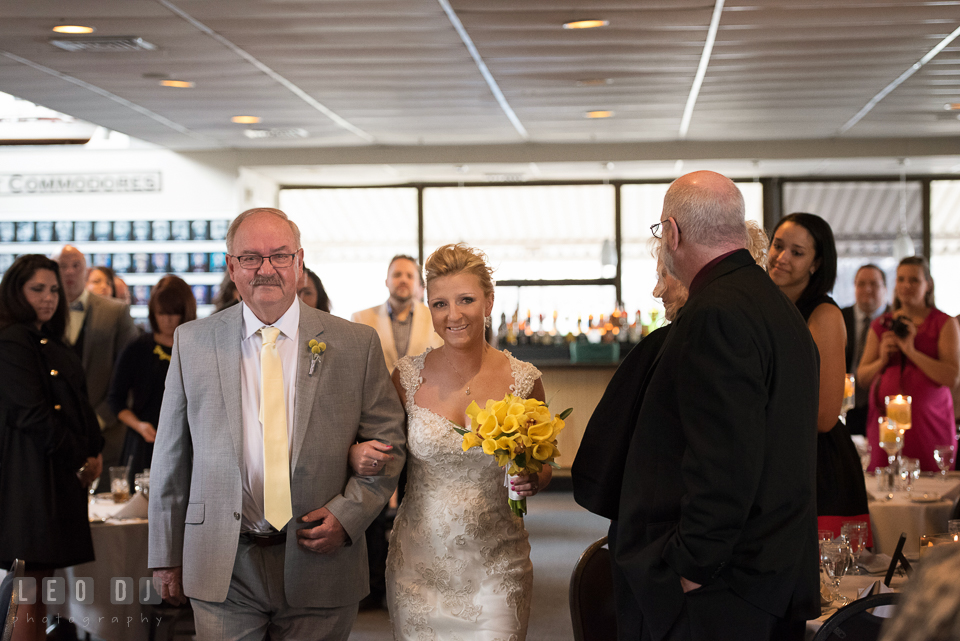 Father of the Bride escorting his daughter walking down the aisle. Maryland Yacht Club wedding at Pasadena Maryland, by wedding photographers of Leo Dj Photography. http://leodjphoto.com