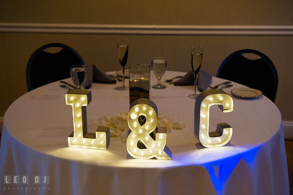 Sweet heart table with the Bride and Groom's initial letters with light. Maryland Yacht Club wedding at Pasadena Maryland, by wedding photographers of Leo Dj Photography. http://leodjphoto.com