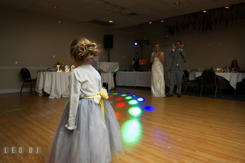 Bride and Groom applauding after their girls dance performance. Maryland Yacht Club wedding at Pasadena Maryland, by wedding photographers of Leo Dj Photography. http://leodjphoto.com