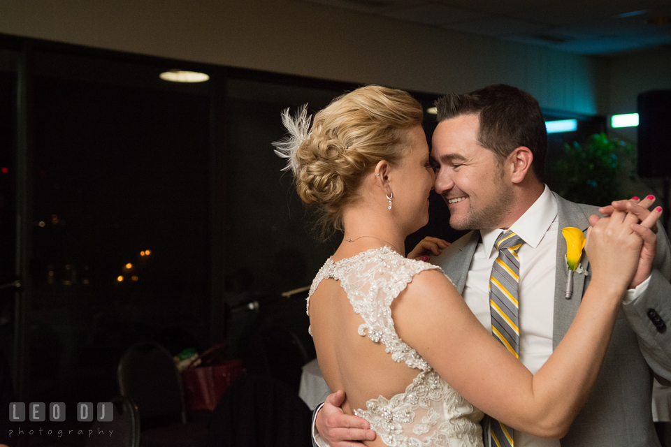 Bride and Groom smiling and dancing together. Maryland Yacht Club wedding at Pasadena Maryland, by wedding photographers of Leo Dj Photography. http://leodjphoto.com