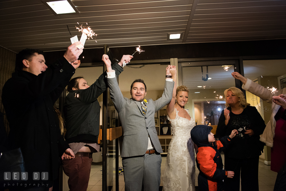 Send off of the Bride and Groom with sparklers. Maryland Yacht Club wedding at Pasadena Maryland, by wedding photographers of Leo Dj Photography. http://leodjphoto.com