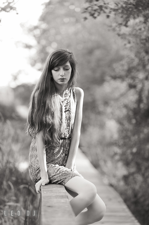 Girl sitting on bridge railing. Eastern Shore, Maryland, High School senior portrait session by photographer Leo Dj Photography. http://leodjphoto.com